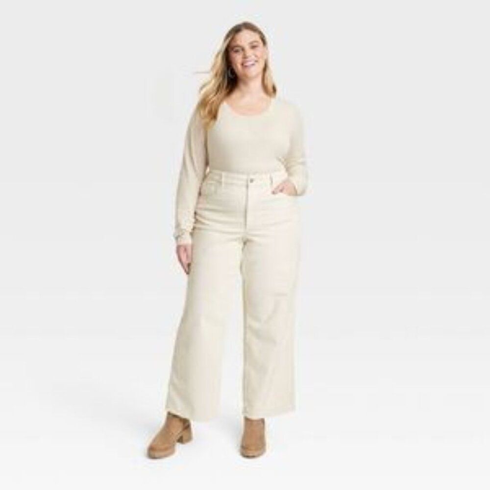 High-Rise Corduroy Cream  Wide Leg Ankle Super Stretch New 18